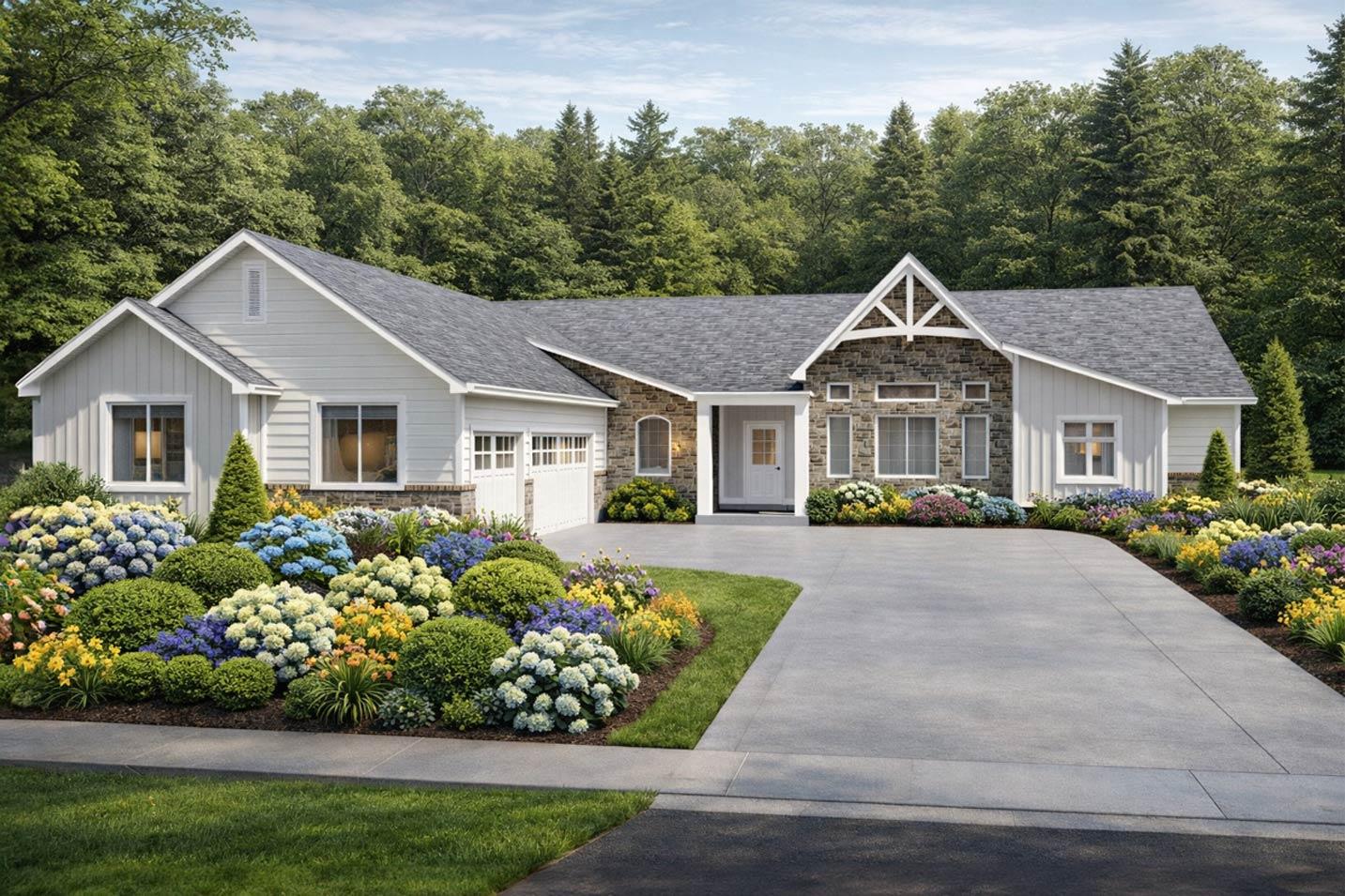 House plan exterior: One-story Modern Farmhouse with stone accent, gabled dormer, and attached two-car garage.