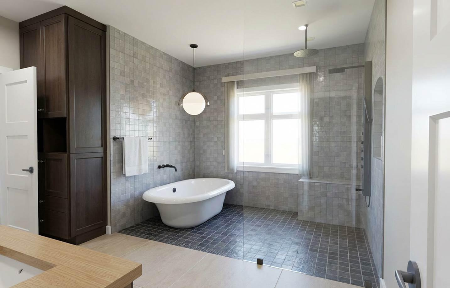 Modern bathroom with freestanding tub, walk-in shower with glass enclosure, and tall dark wood cabinetry.