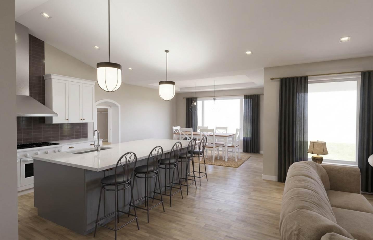 Open concept kitchen with large island, dining area, and living space with textured sofa.