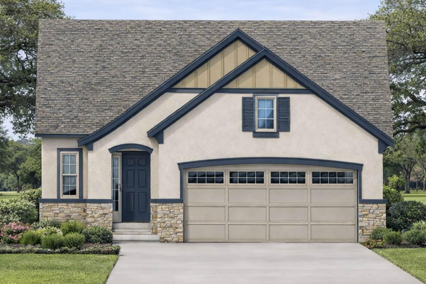 House plan exterior: Stone and stucco facade, arched entryway, gable with decorative trim, and a multi-panel garage door.