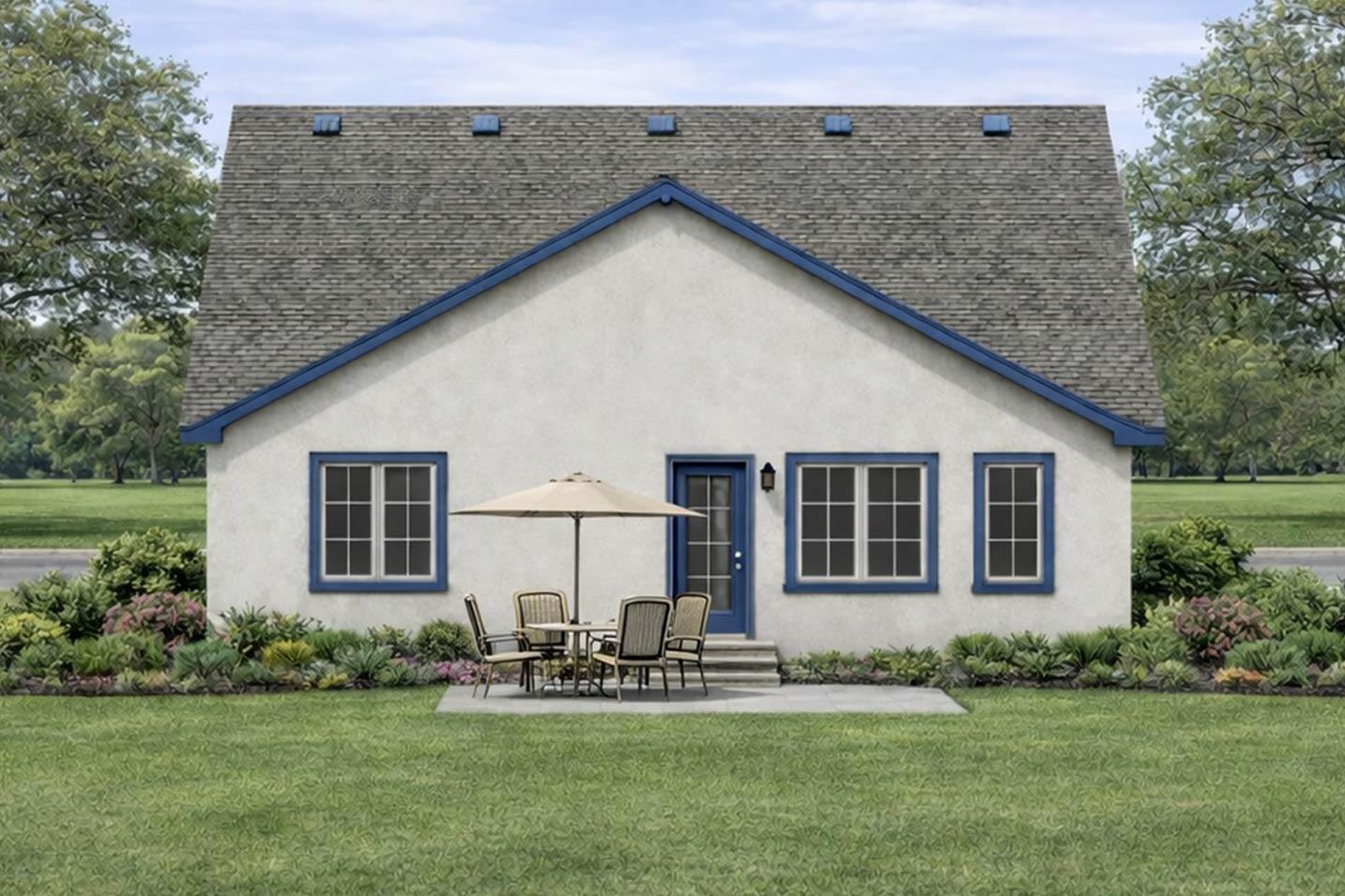 House plan exterior: one-story stucco house with pitched roof, blue trim on gables and windows, and a patio with outdoor seating.
