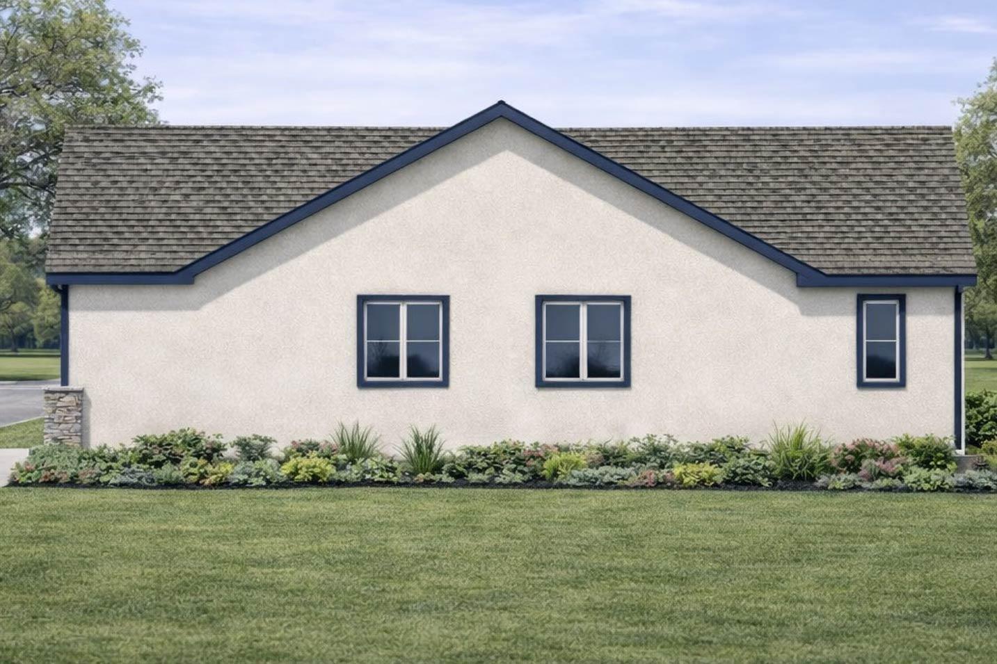 House plan exterior shows a single-story home with a gable roof, stucco siding, and three windows.