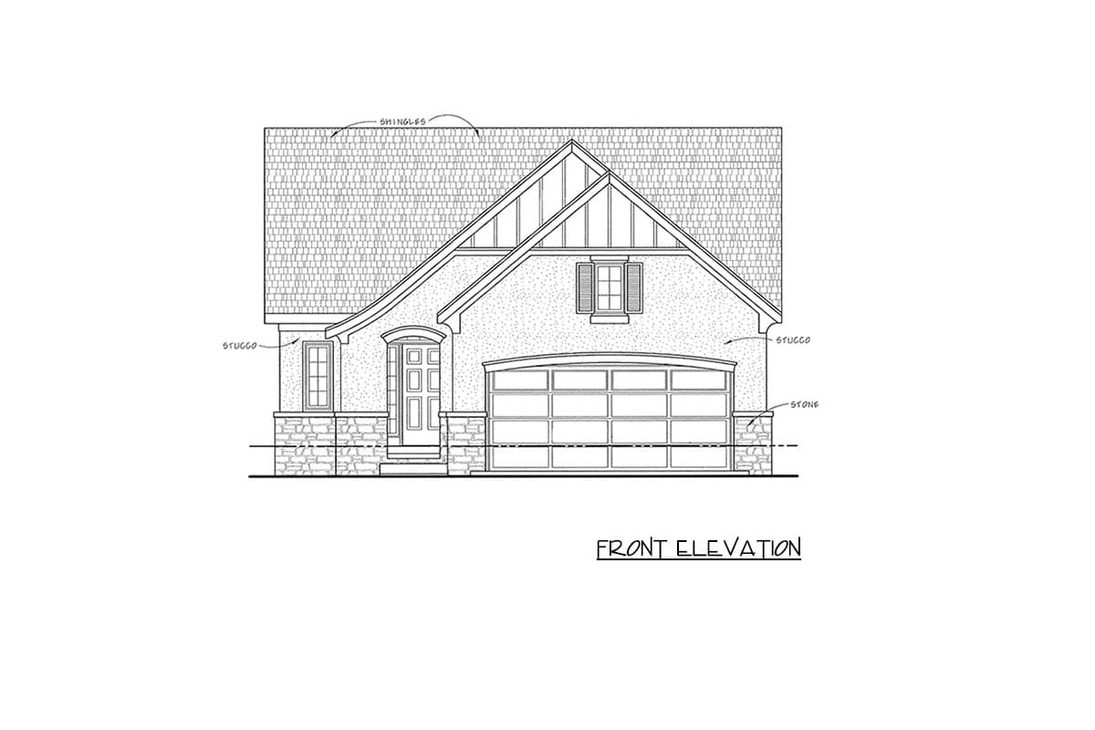 Front elevation house plan showing stucco exterior, stone accents, gable roof with shingles, and a segmented arch garage door.