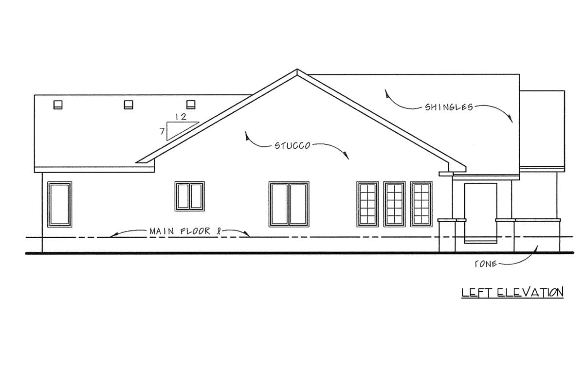 Left elevation house plan showing stucco exterior, shingle roof, multiple windows, and a covered porch with stone detailing.
