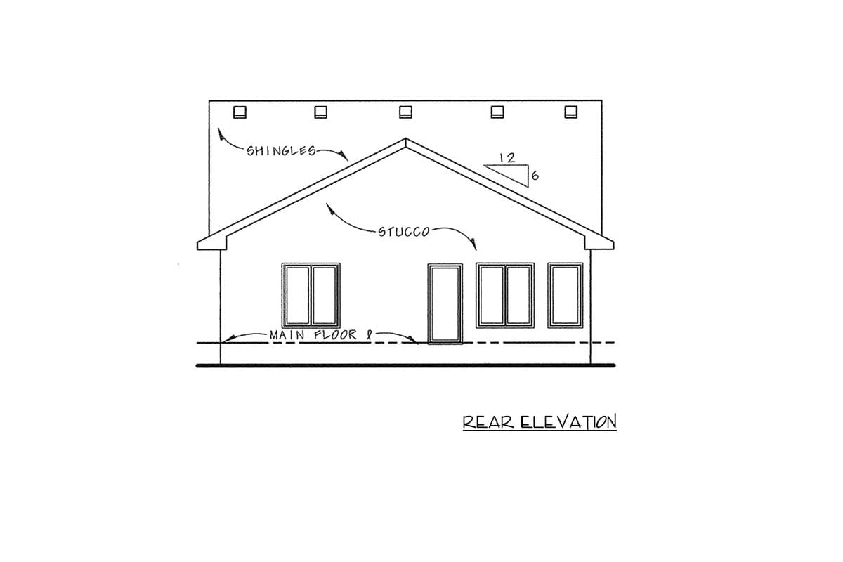 Rear elevation drawing of a house plan with stucco walls, a gabled roof with shingles, and five windows.