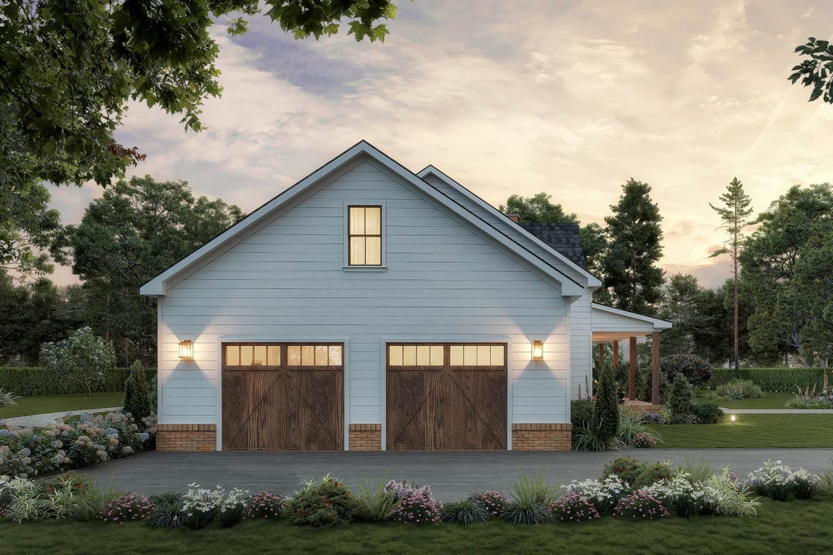 House plan exterior with two garage bays featuring wooden doors, gable roof, and covered side porch.