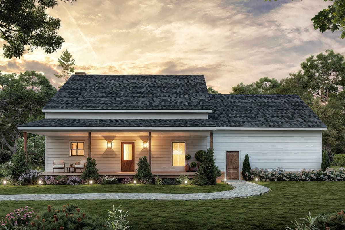 House plan exterior of a one-story Modern Farmhouse with a deep covered porch, gabled roof, and white horizontal siding.