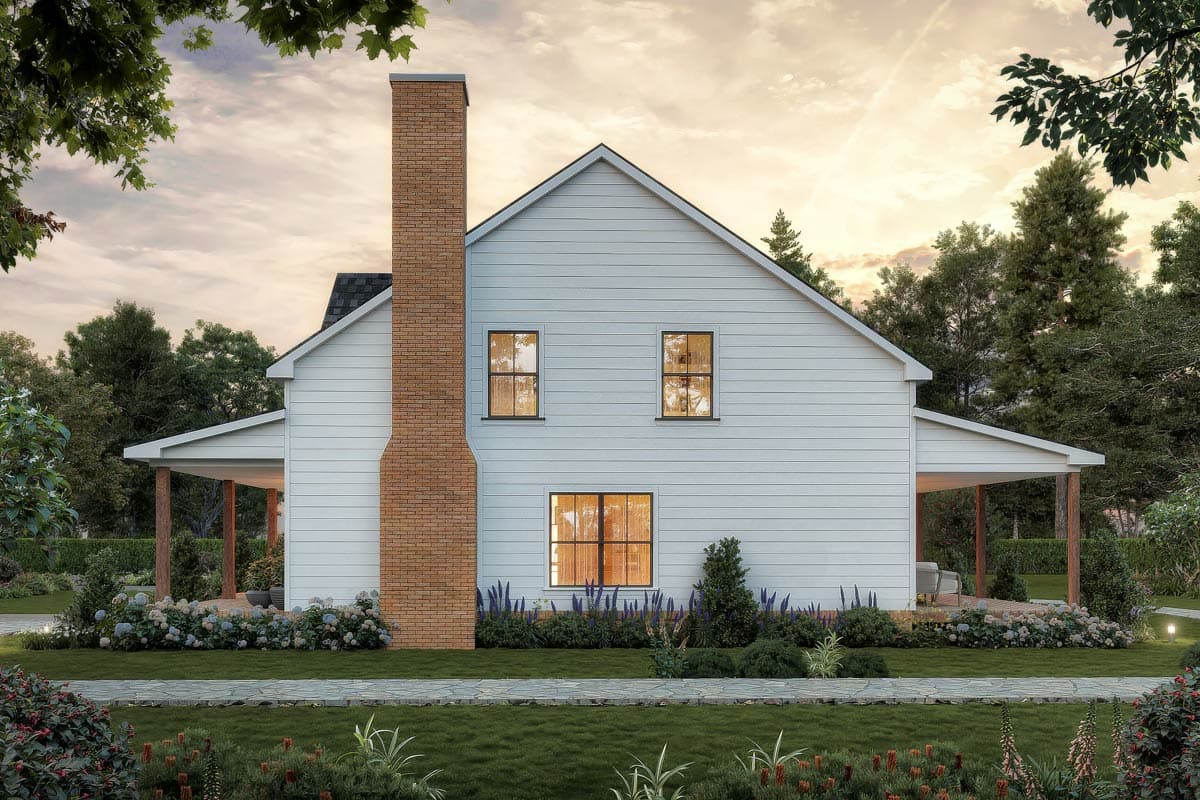 House plan exterior view of a two-story Modern Farmhouse with a prominent brick chimney and wraparound porch.
