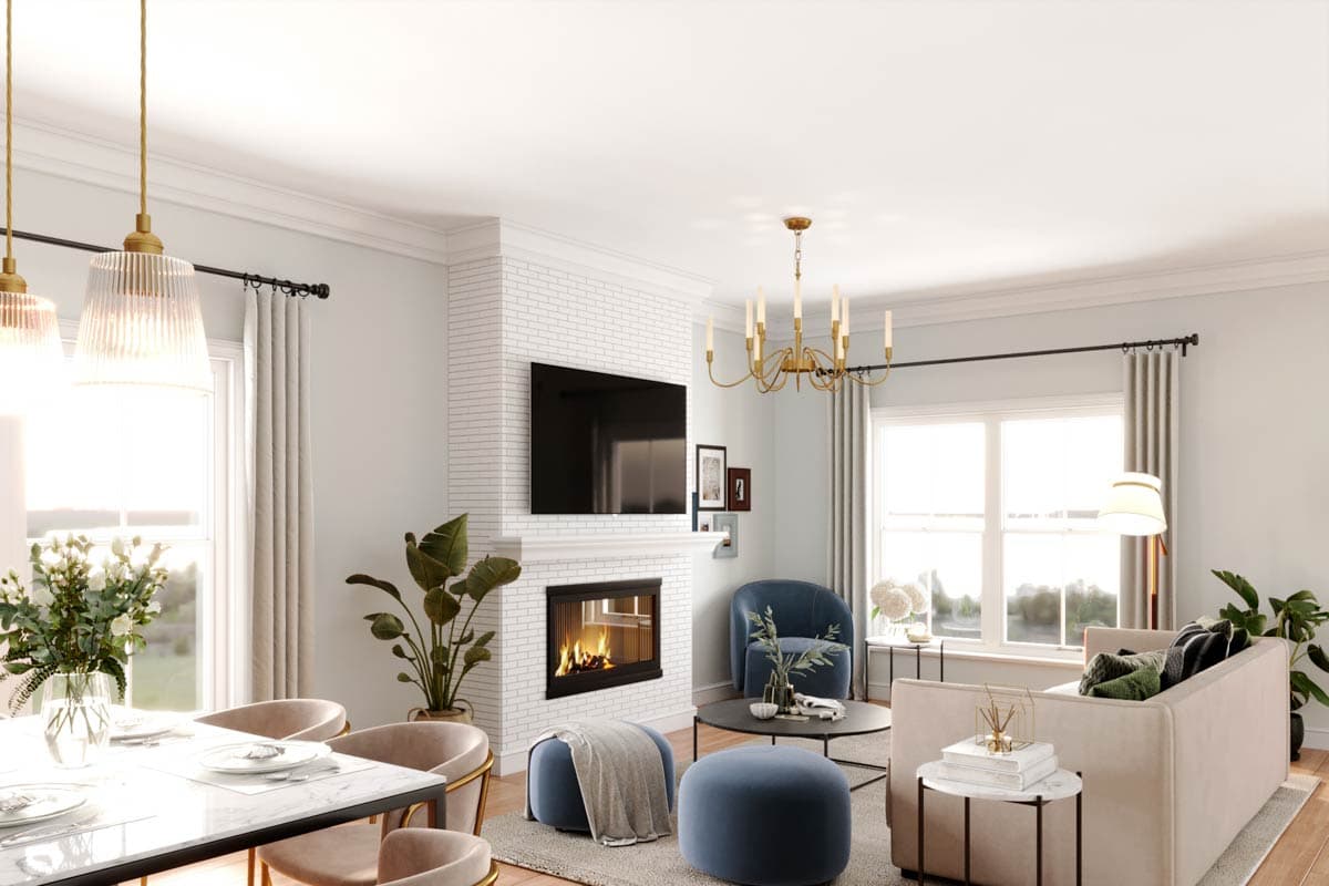 Interior rendering of a living and dining area with a brick fireplace, large windows, pendant lights, and a chandelier.