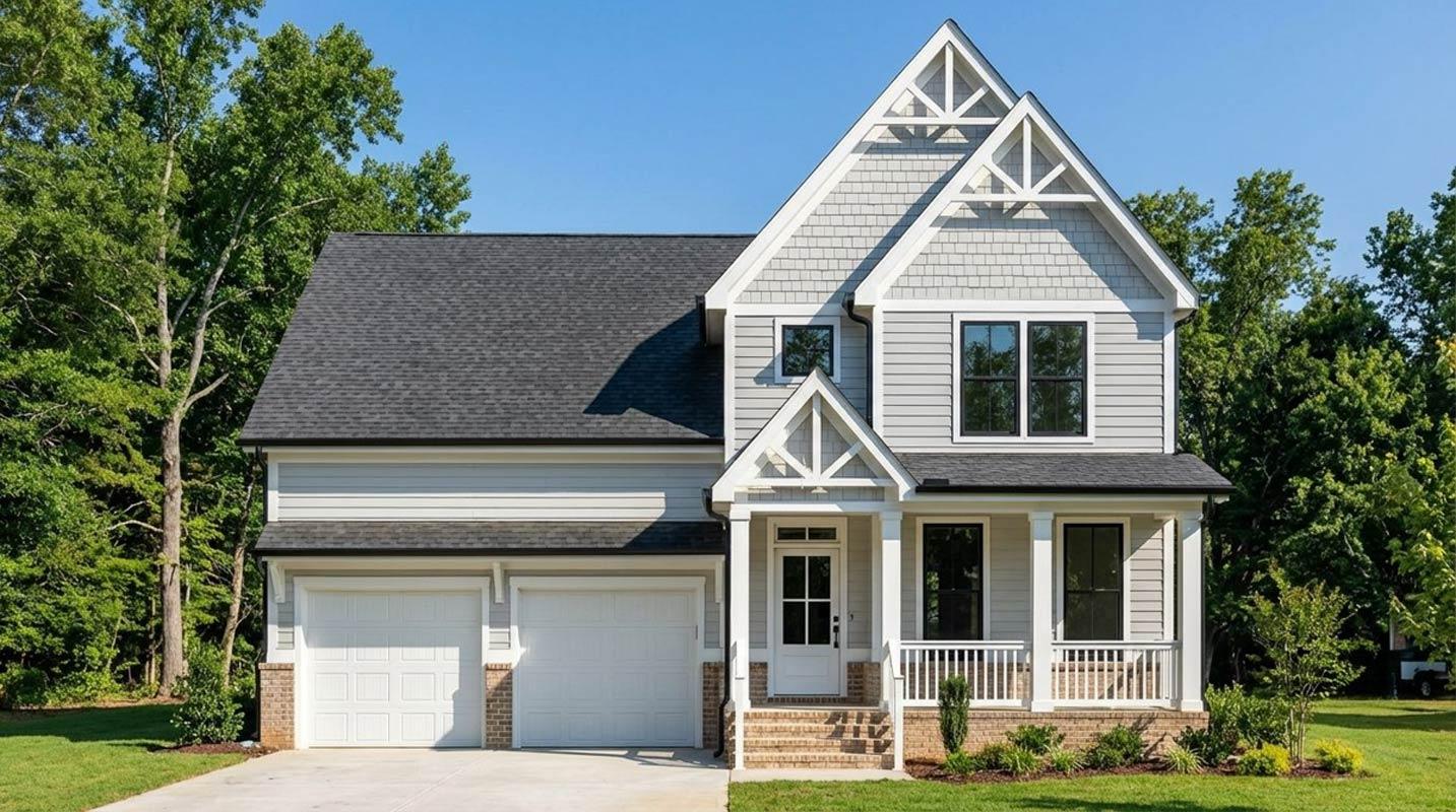 House plan exterior: Two-story Modern Farmhouse with dual garage doors, gabled dormers, and a covered front porch with white railings.