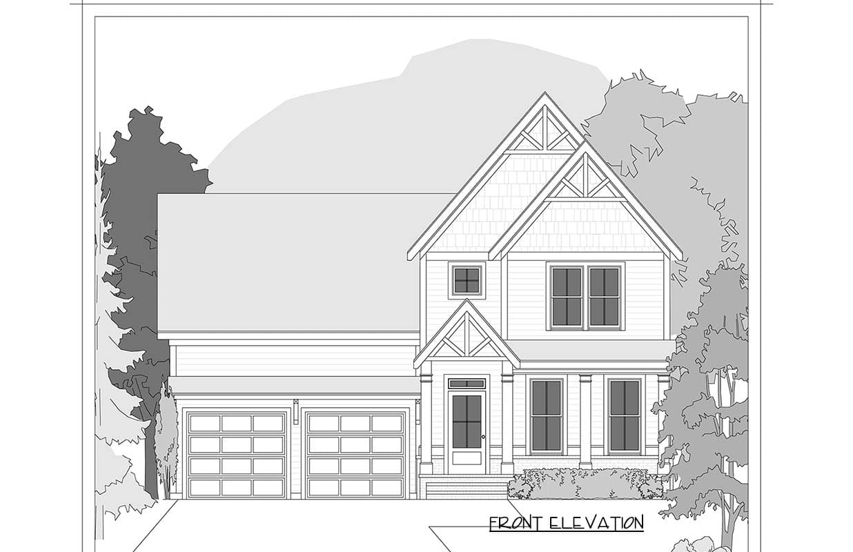 Front elevation house plan featuring a two-story design with a prominent gable, double garage doors, and a covered entry porch.