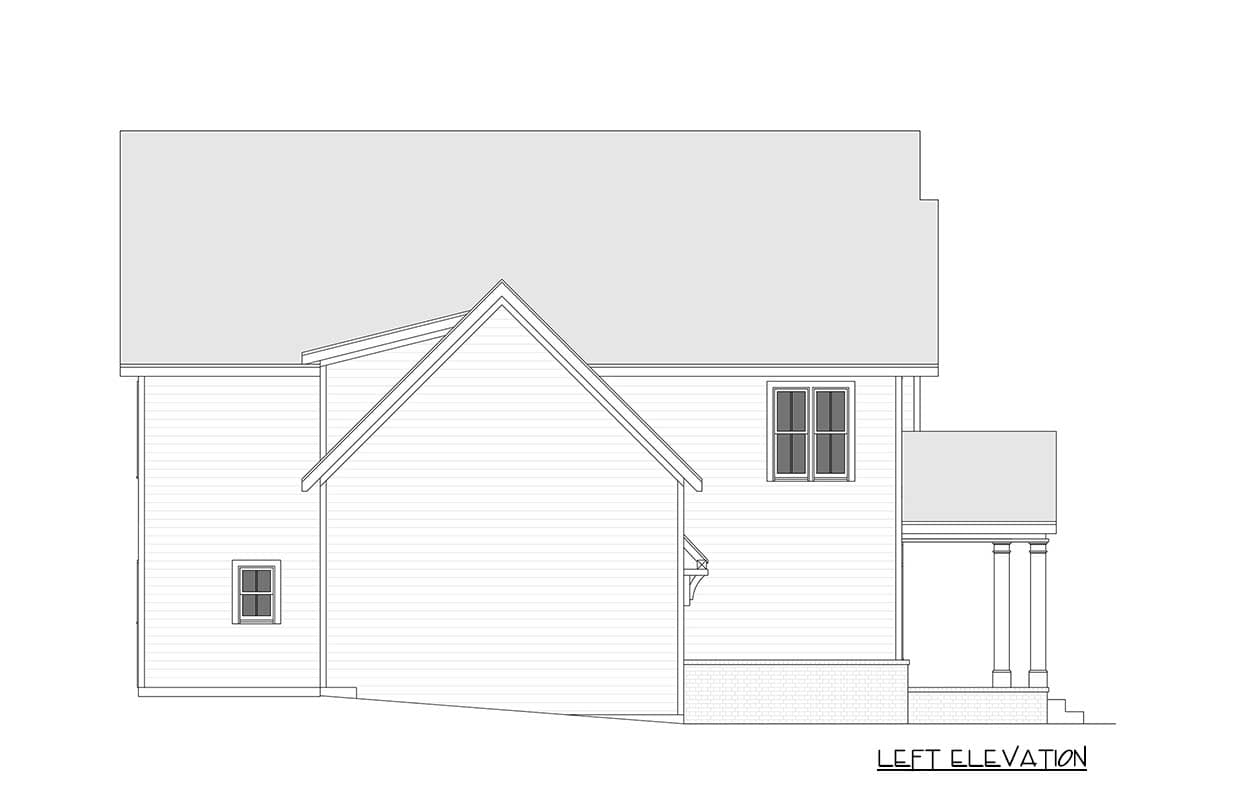 Left elevation house plan shows a two-story structure with gabled roofs, clapboard siding, and a covered porch with columns.