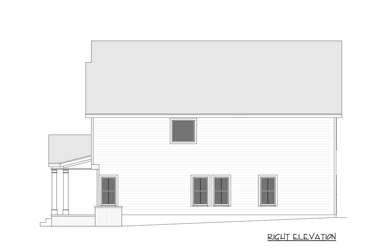 Right elevation house plan showing a two-story structure with lap siding, a covered porch with columns, and multiple window configurations.