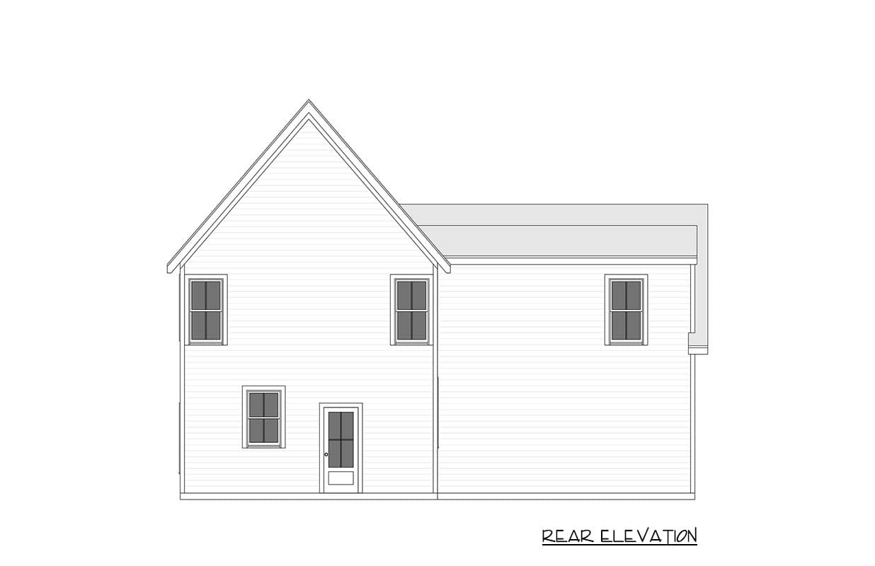 Rear elevation drawing of a two-story house plan with a gable roof, multiple windows, and a single door.