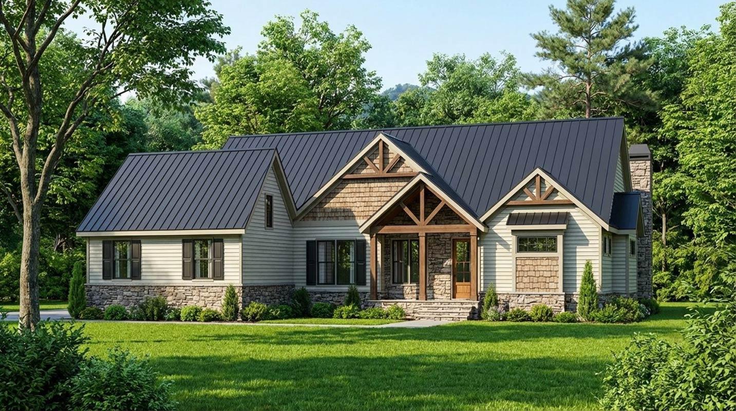 House plan exterior featuring a 1-story Modern Farmhouse design with stone and shingle accents, metal roof, and covered front porch.
