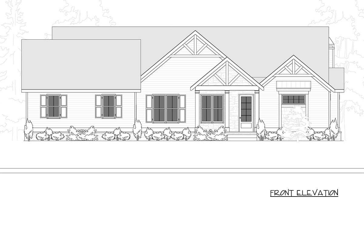 Front elevation house plan with a gable roof, prominent gables with decorative trusses, and a covered front porch with stone accents.