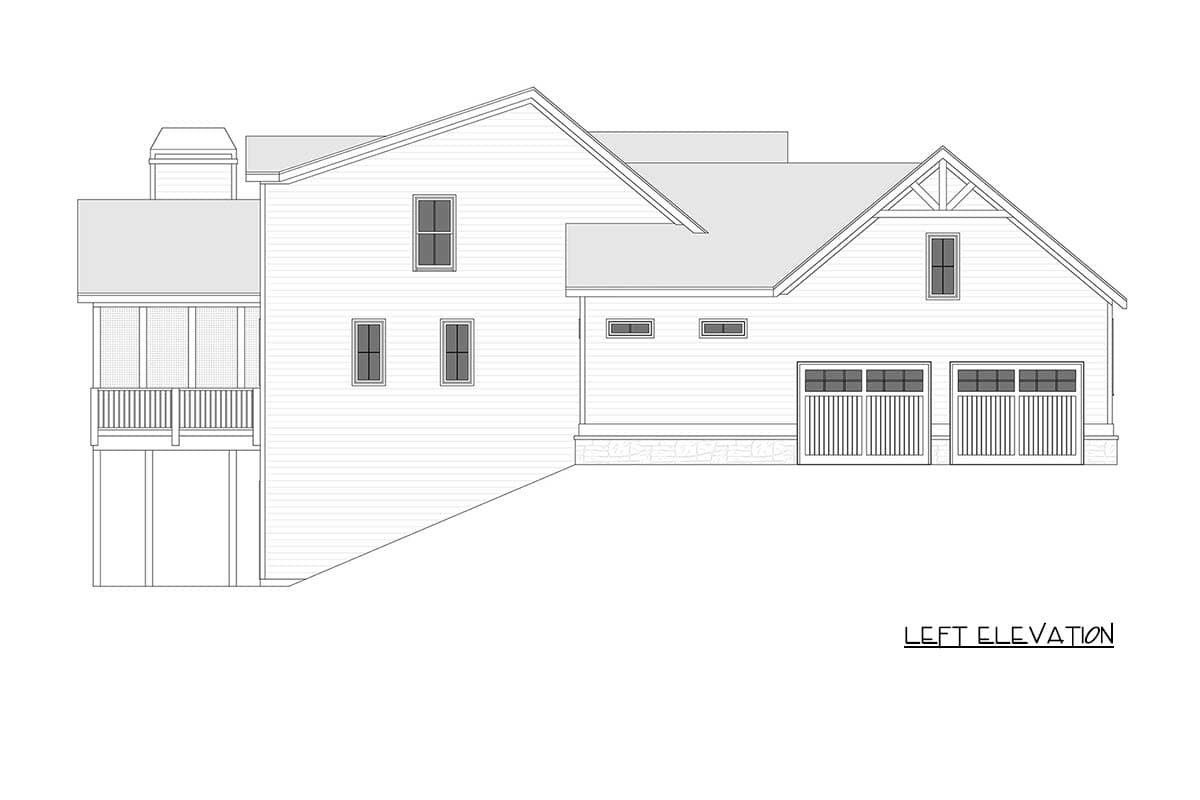 Left elevation house plan with two-car garage, screened porch, and multi-level rooflines.