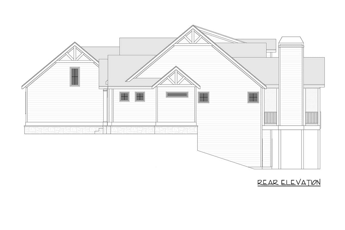 Rear elevation drawing of a house plan with multiple gables, shed dormers, and a chimney.