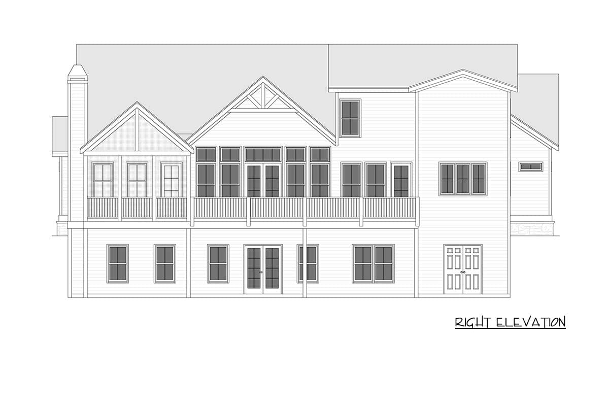 Right elevation house plan with gabled dormer, upper deck with railing, multiple windows, and double doors to lower level.