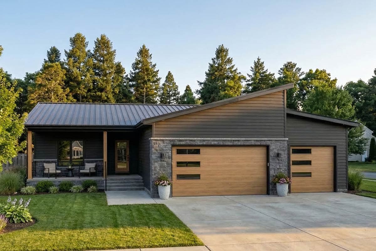 Modern house plan exterior with a metal roof, angled gable, stone accents, and two wood garage doors with horizontal windows.