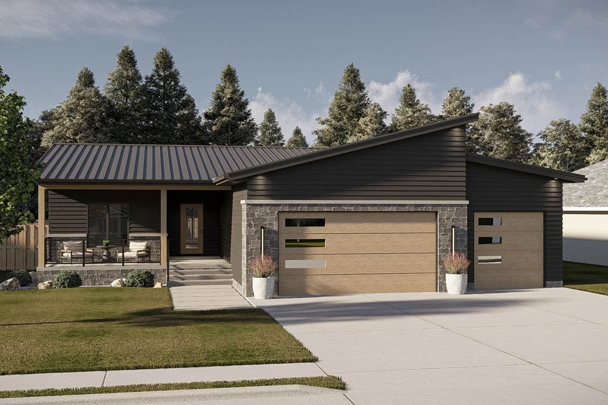 Modern ranch house plan exterior with a covered porch, metal roof, stone accents, and a two-car garage with wood-toned doors.