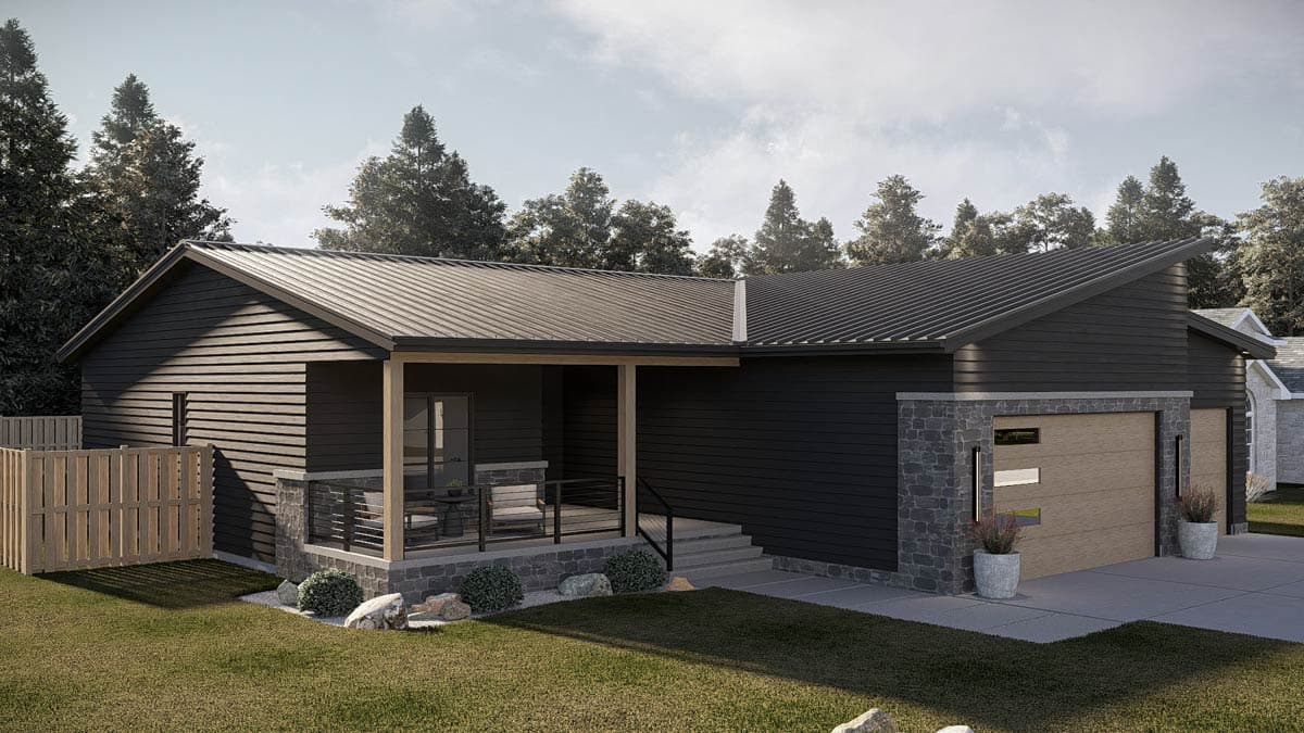 Modern ranch house plan exterior with a covered porch, angled rooflines, horizontal siding, and stone accents. Two-car garage.