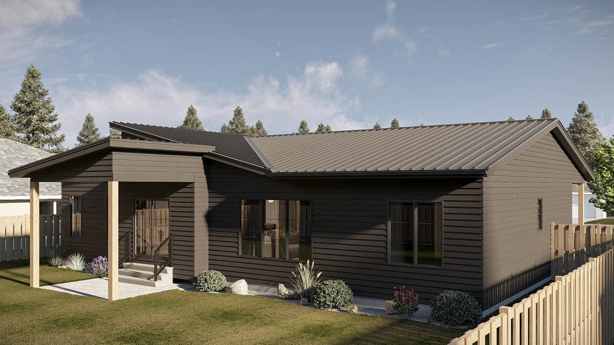 Modern style house plan exterior featuring a covered entry porch with wood posts, horizontal siding, and a standing seam metal roof.