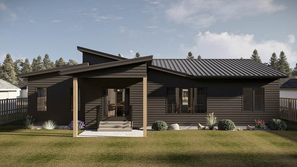 House plan exterior: Modern style, one story, dark horizontal siding, prominent gabled roofline, and covered entry.