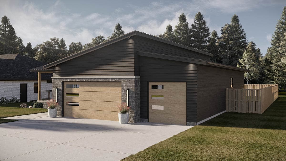 Modern house plan exterior with a multi-story dark siding facade, stone accents, and two distinct wood garage doors.