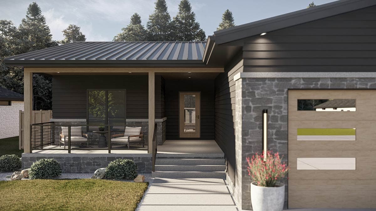 House plan exterior: Modern Ranch style, single-story, with a covered porch, metal roof, and stone accent on garage.