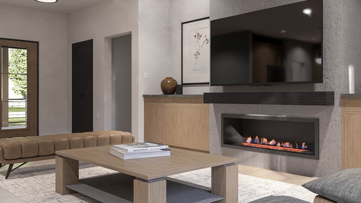 Living room rendering with fireplace, mounted TV, wood cabinets, coffee table, and ottoman.