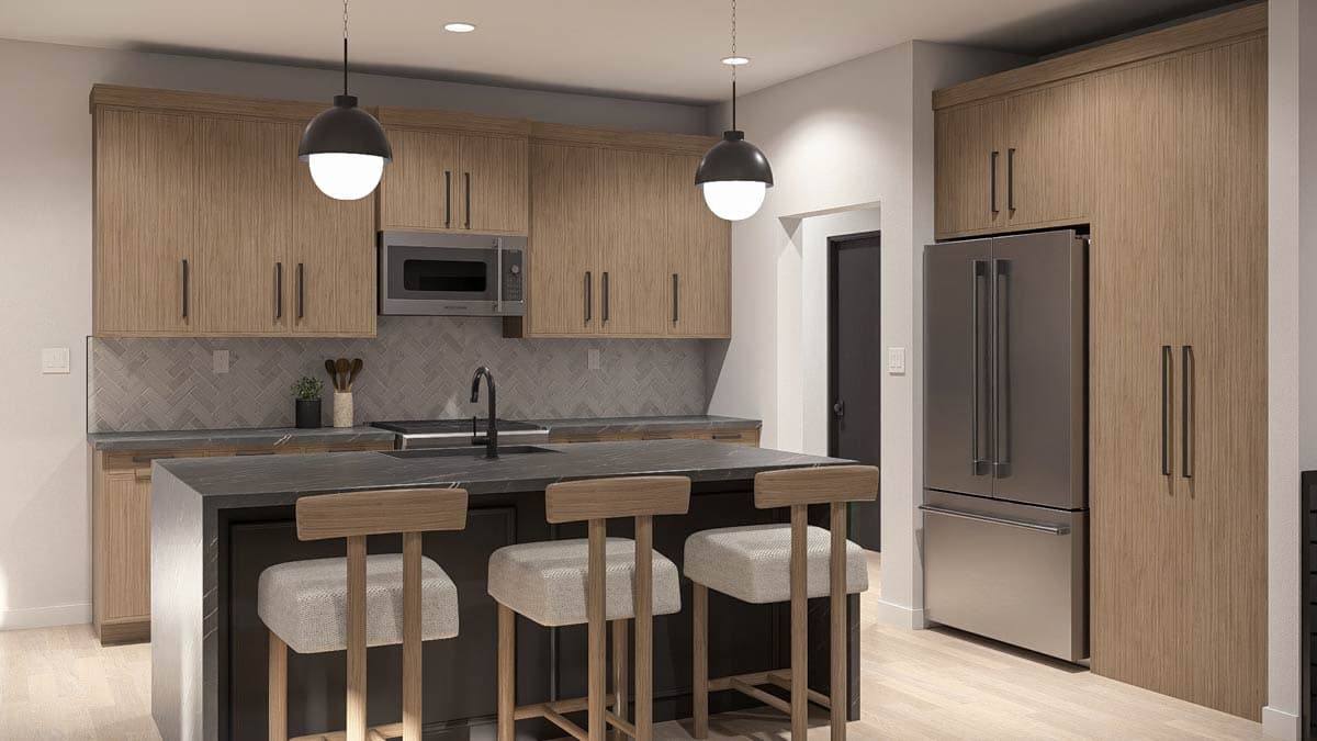Contemporary kitchen rendering with light wood cabinetry, dark stone countertops, island with seating, and stainless steel appliances.