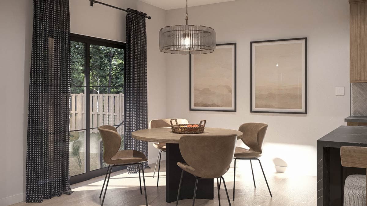 Interior rendering of a dining area with a round table, chairs, and large sliding glass doors to a backyard.