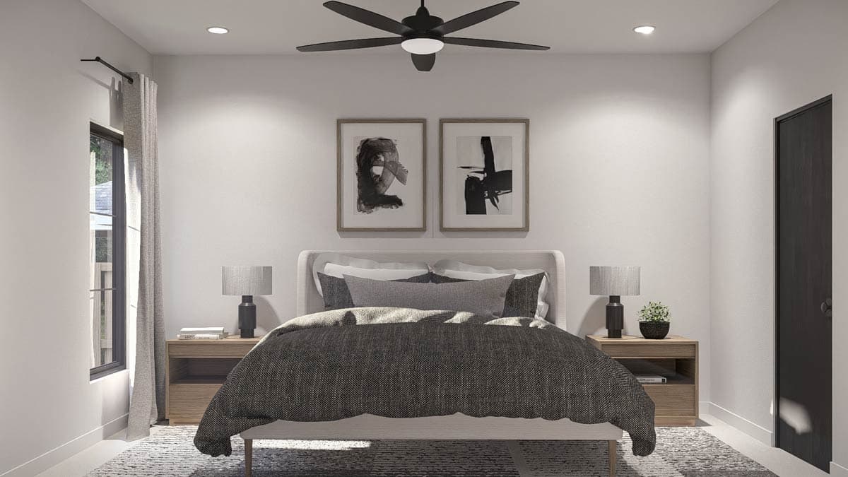 Bedroom rendering with queen bed, two nightstands, ceiling fan, abstract art, and window.
