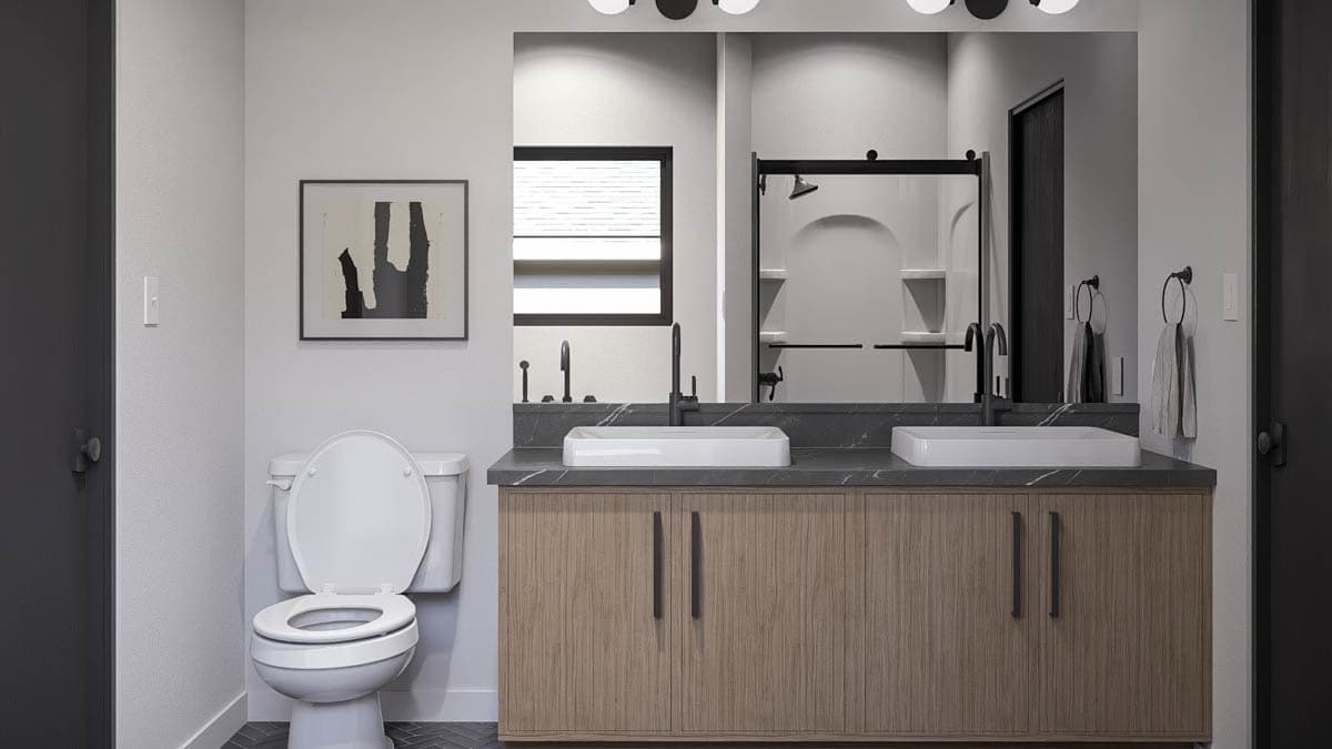 Bathroom rendering with double vanity, vessel sinks, modern cabinetry, separate toilet, and walk-in shower with arched niche.