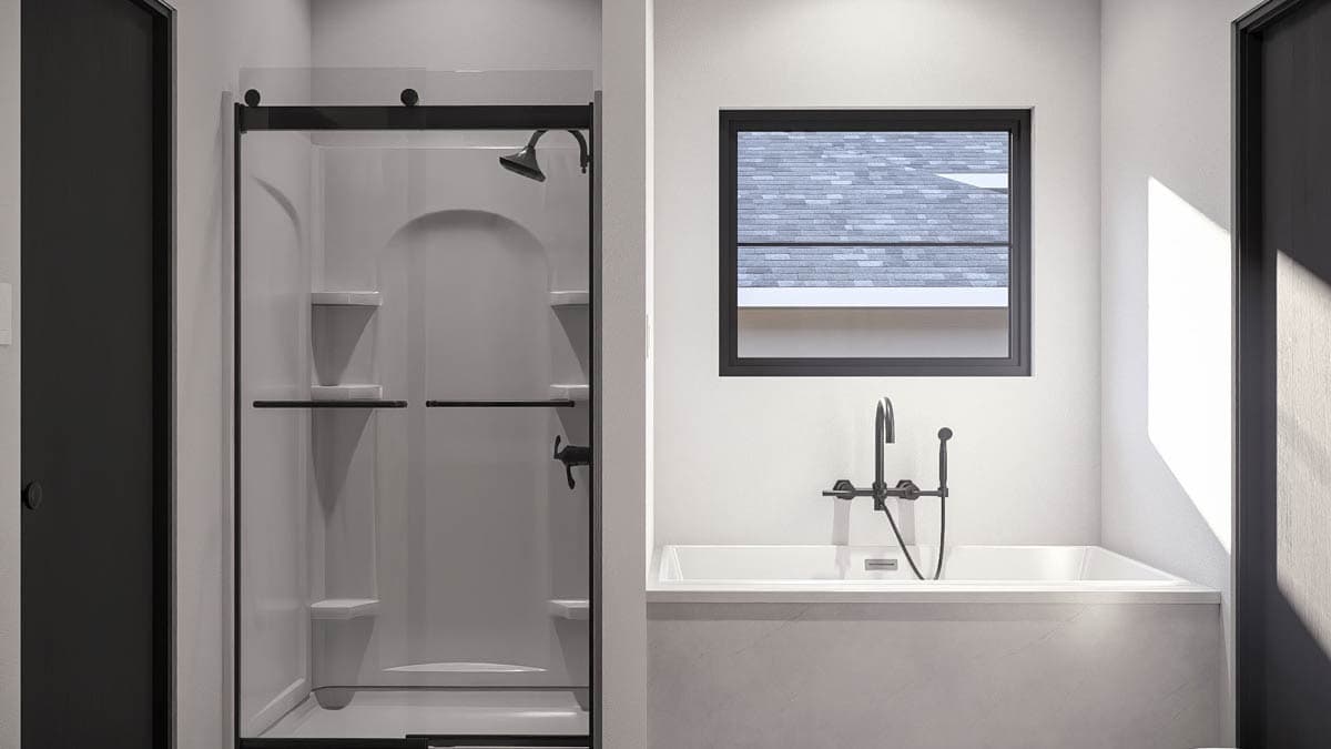 Bathroom interior with a sliding glass shower enclosure, bathtub, black faucet, and a window showing a tiled roof.