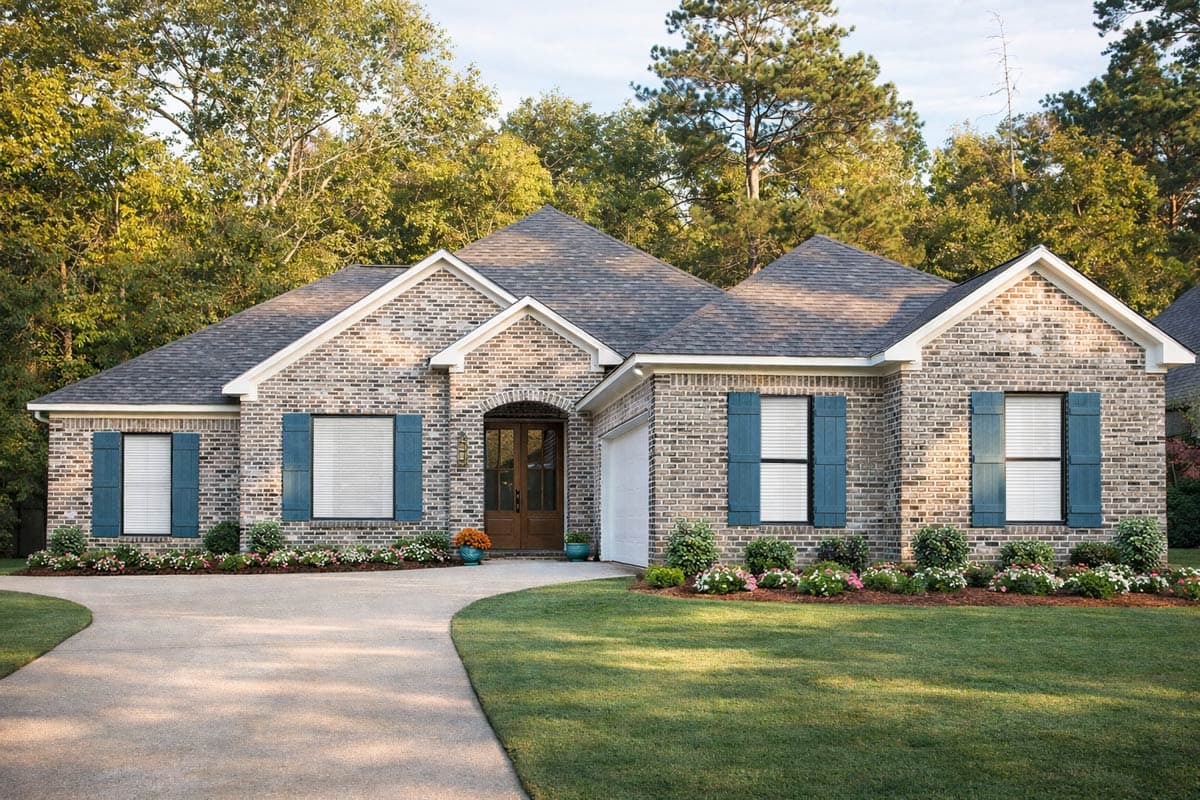 House plan exterior: Single-story brick home with a prominent arched entryway, blue shutters, and an attached garage.