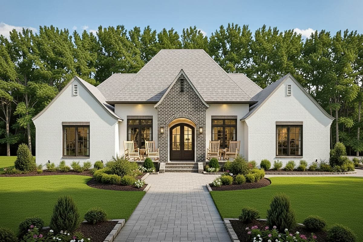 House plan exterior of a one-story Modern Farmhouse with white brick, arched entryway with dark brick accents, and gabled wings.