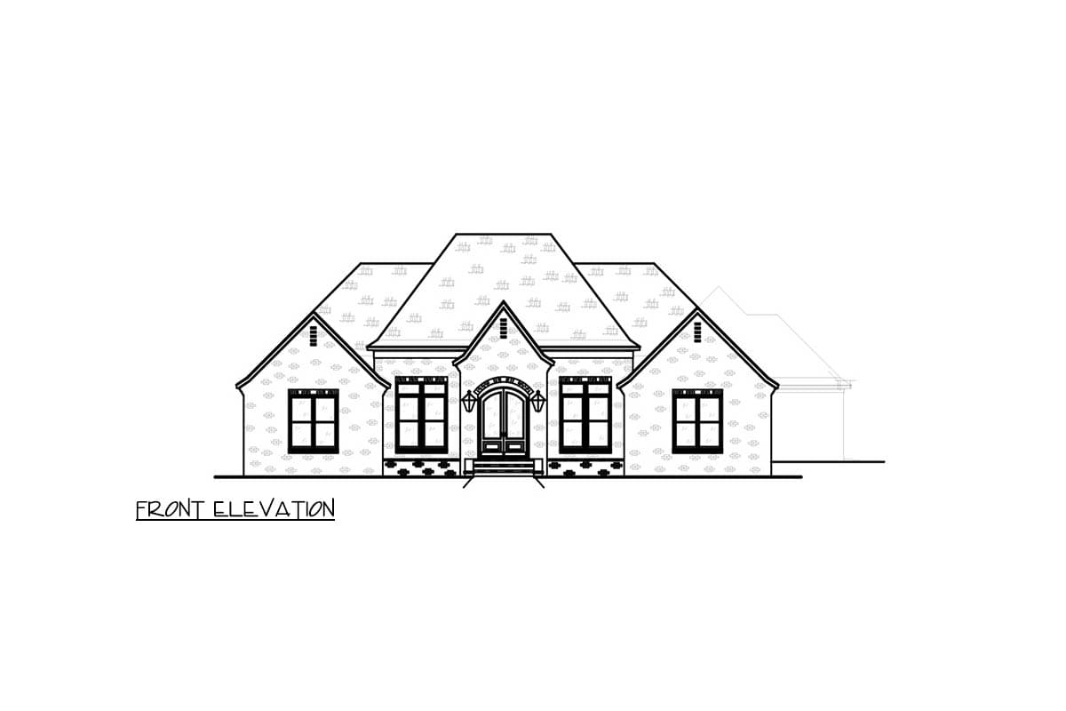 Front elevation drawing of a house plan featuring a symmetrical facade with a central arched entryway, multiple gables, and brick detailing.