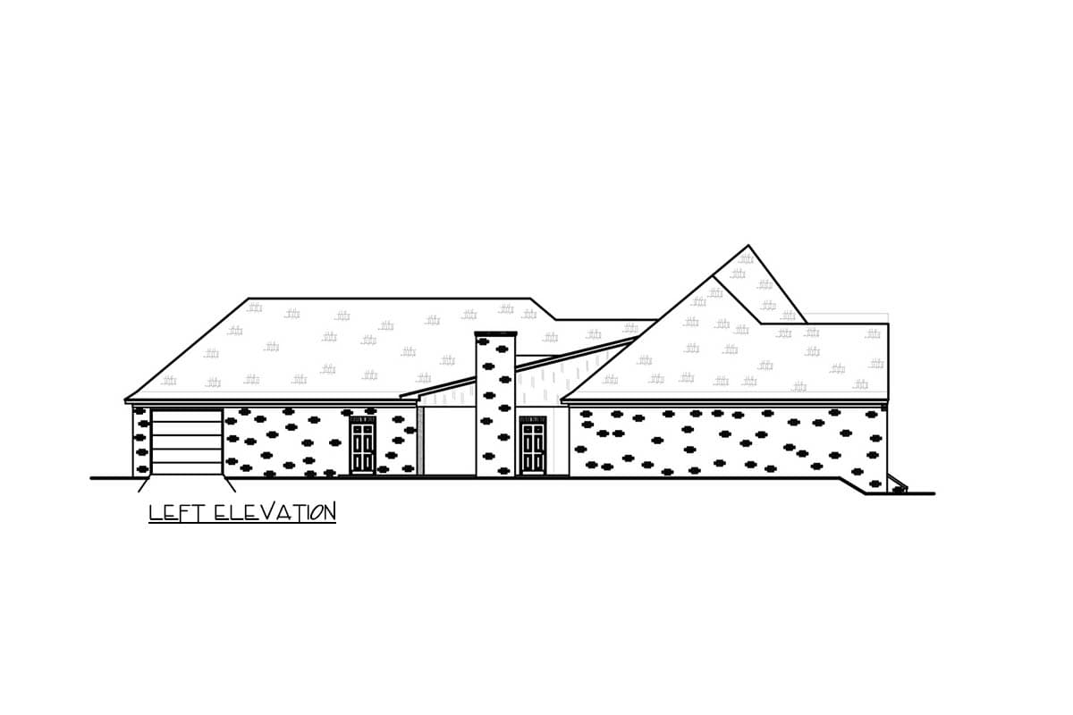 Left elevation house plan drawing with garage, two doors, and a chimney. Sloping rooflines and textured facade.