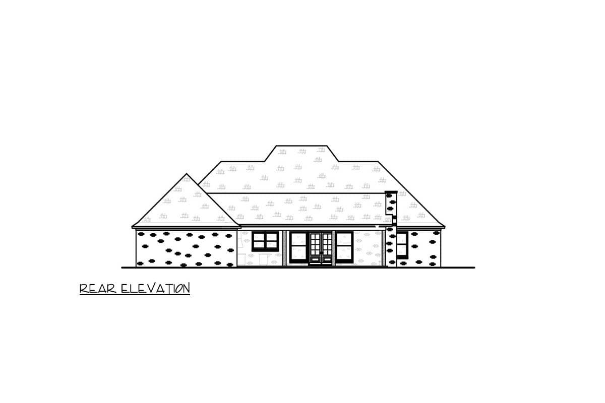 Rear elevation drawing of a single-story house with a prominent hip roof, central double doors, and a brick chimney.