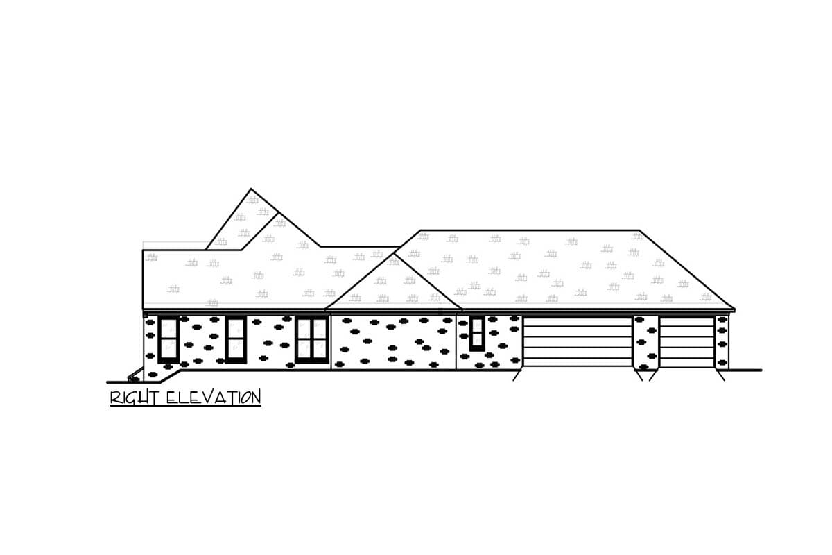 Right elevation house plan showing a multi-story house with stone veneer, gabled rooflines, and a three-car garage.
