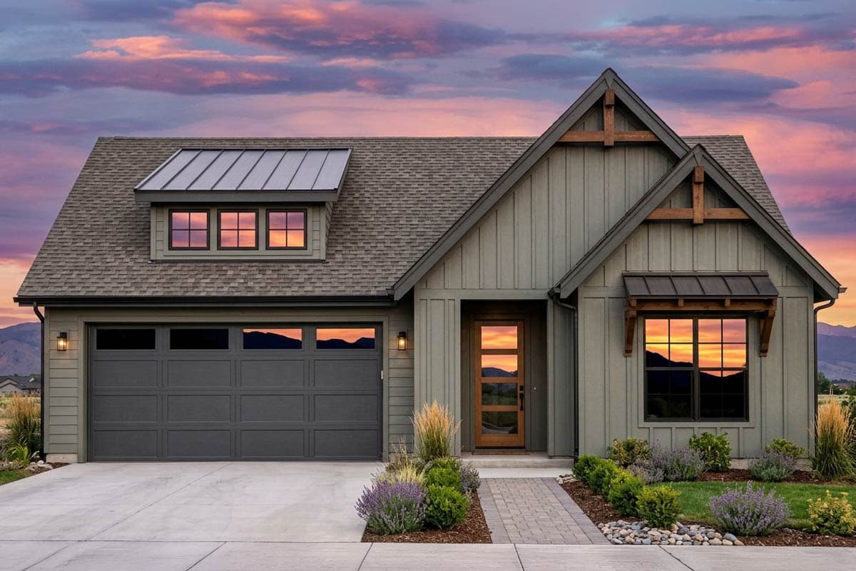 Modern Farmhouse house plan exterior with a metal roof dormer, board and batten siding, wood accents, and a glass-paneled door.