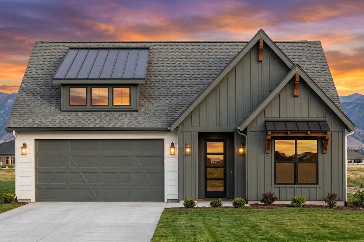 Modern Farmhouse style house plan exterior with board and batten siding, metal dormer and roof accents, and a two-car garage.