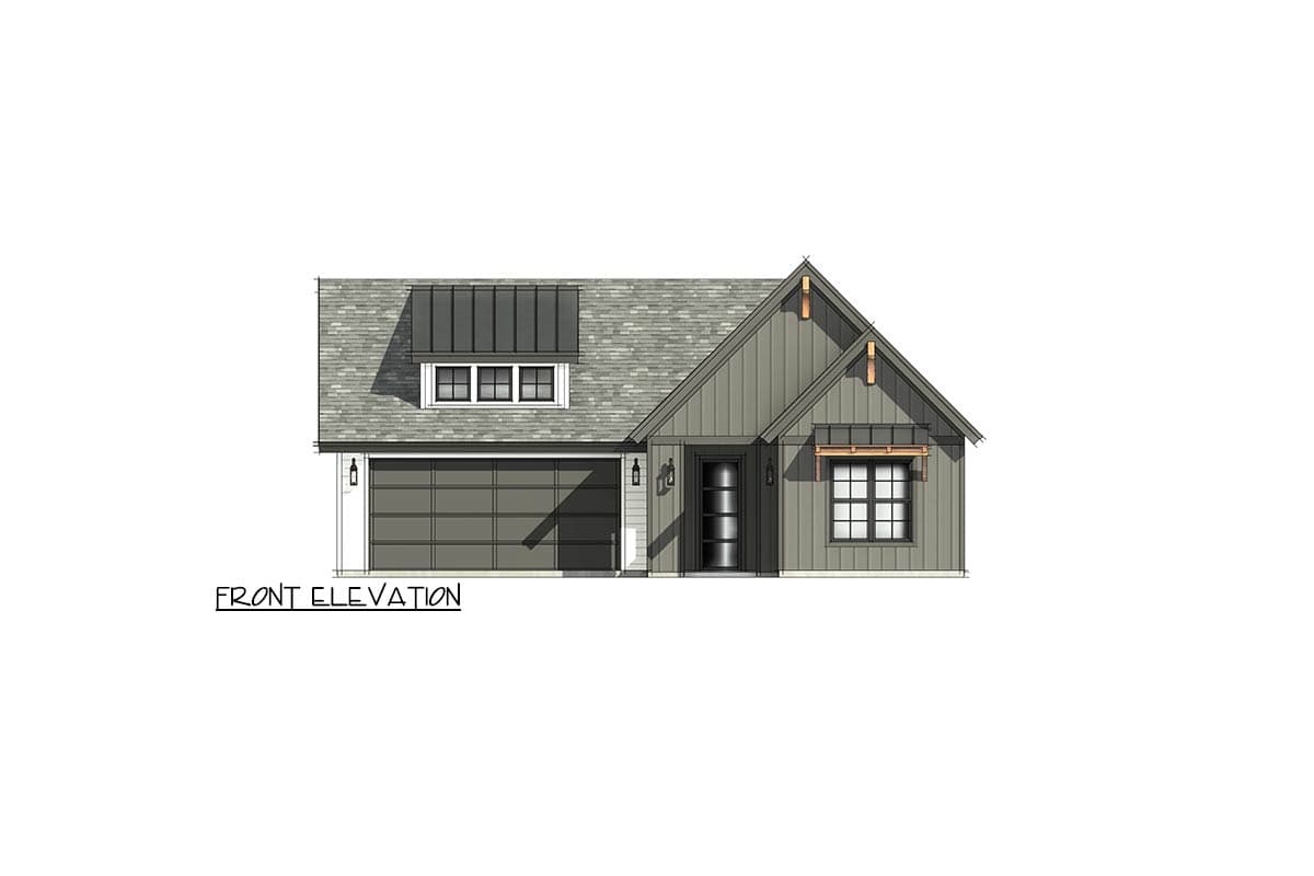 Front elevation of a one-story house plan featuring a gable roof, metal awning over dormer windows, and a two-car garage.