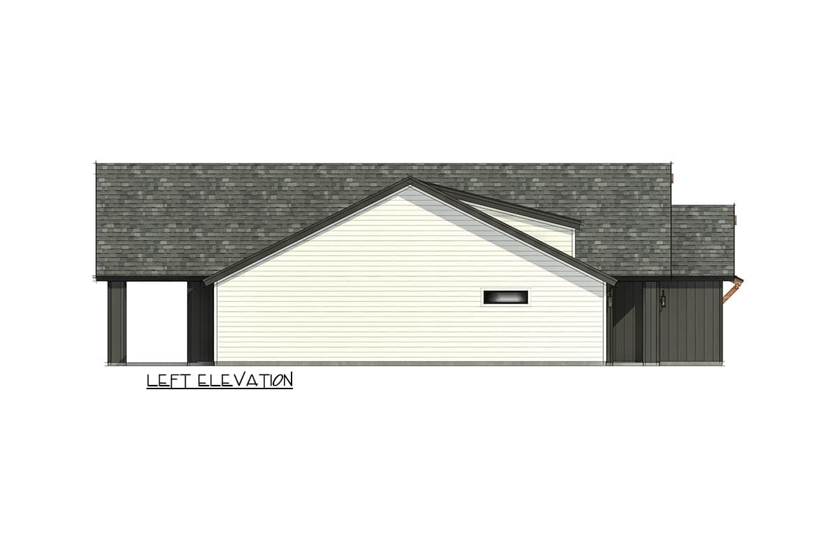Left elevation of a house plan showing a pitched roof, horizontal siding, a small window, and an attached garage.