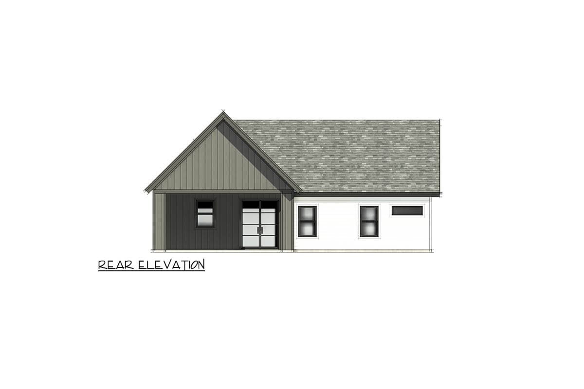 Rear elevation drawing of a one-story house with gabled roof, covered entry with double doors, and multiple windows.
