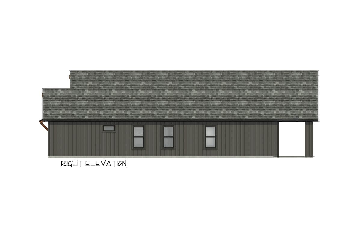 Right elevation drawing of a house plan with vertical siding, multiple windows, and an open porch area.