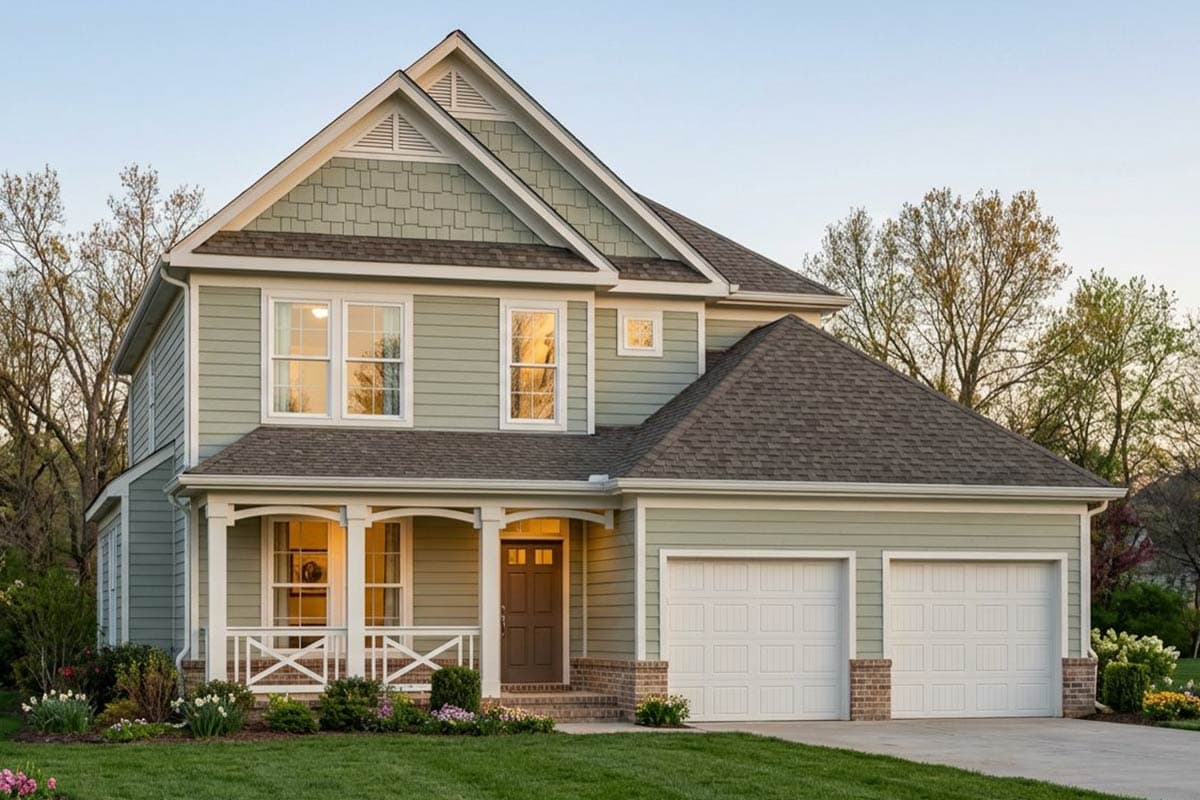 Two-story house plan exterior with gables, dormers, covered porch, and a side-entry, three-car garage.