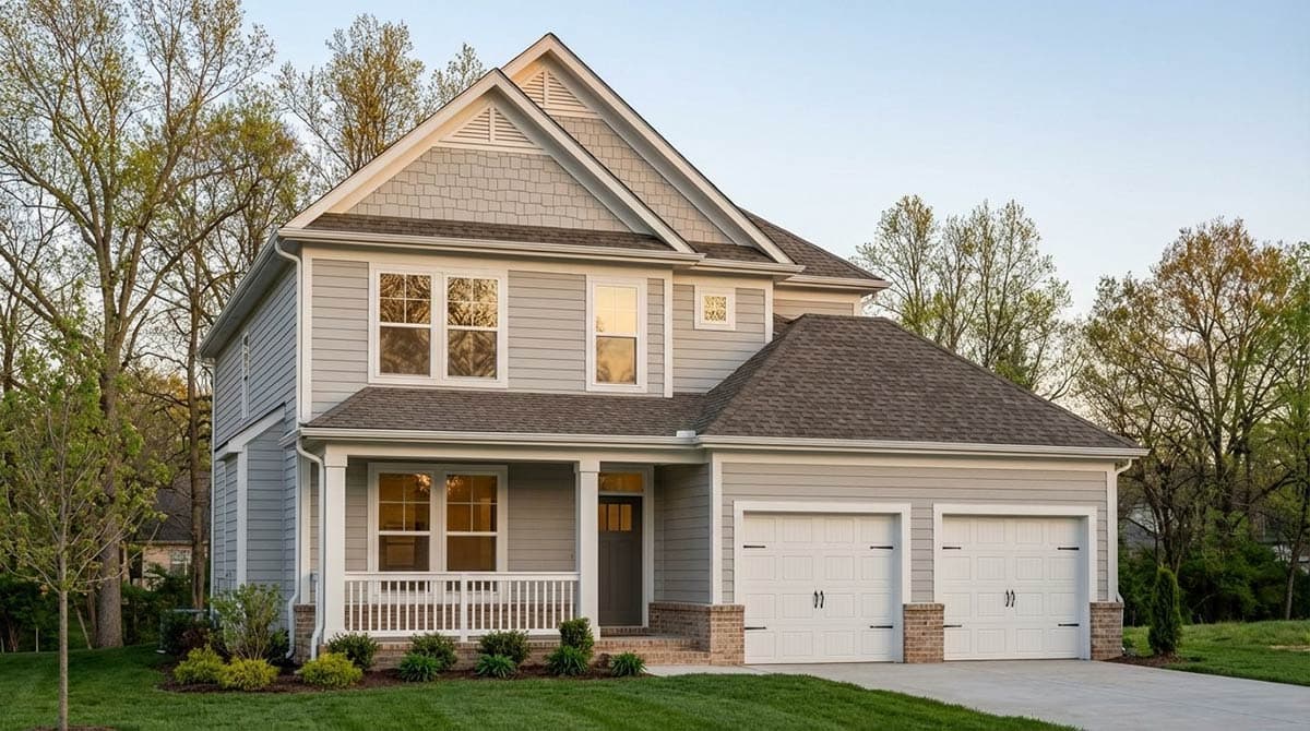 Two-story Modern Farmhouse exterior with gabled dormer, covered front porch, and a three-car side-entry garage.